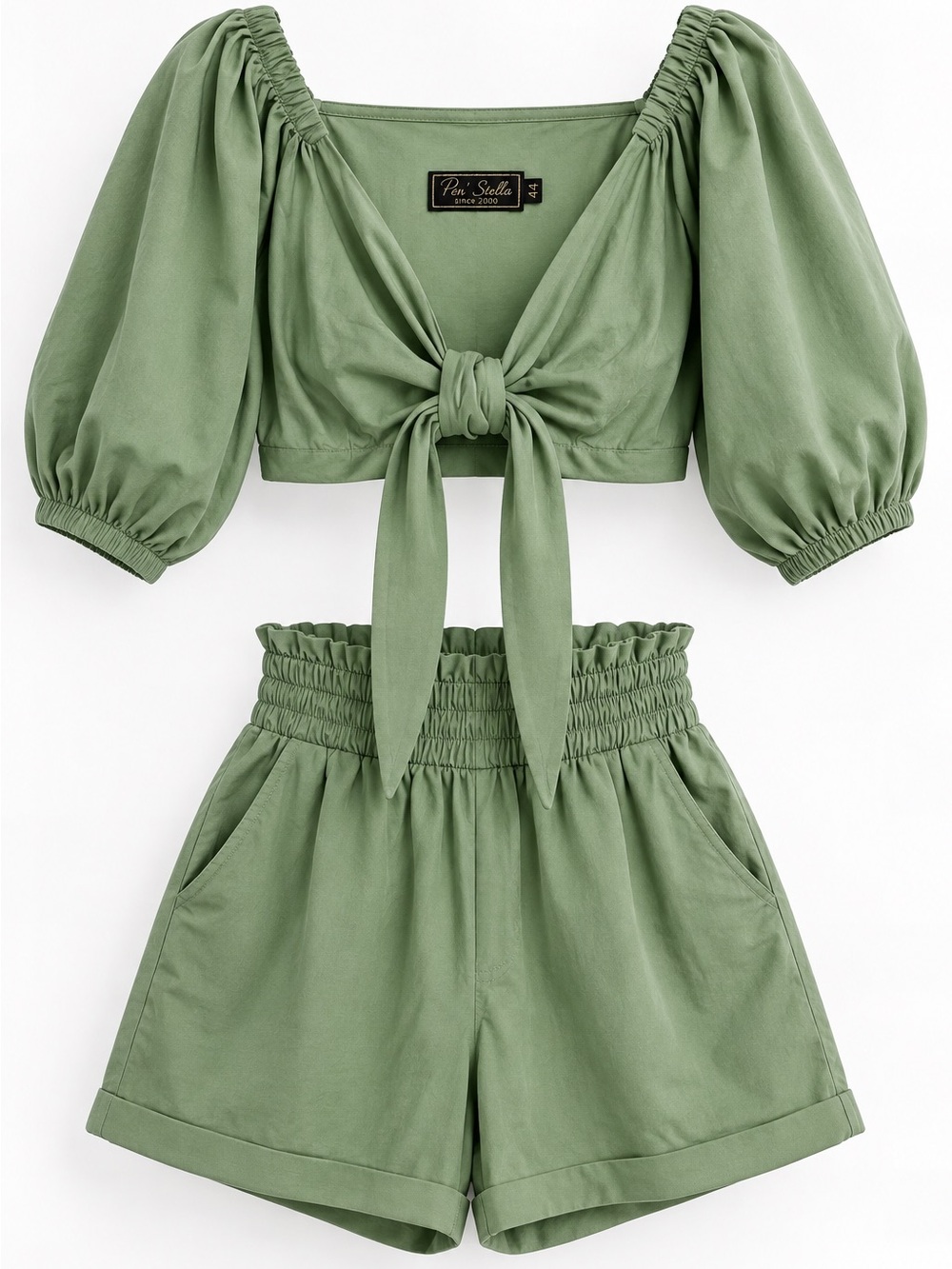 Tie-Front Puff Sleeve Crop Top & High-Waist Shorts Set - Sage Green